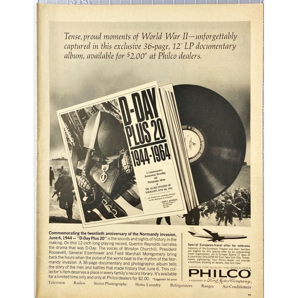 Philco Record Album 12 LPs "Tense Proud Moments of WWII" Vintage Print Ad 1964